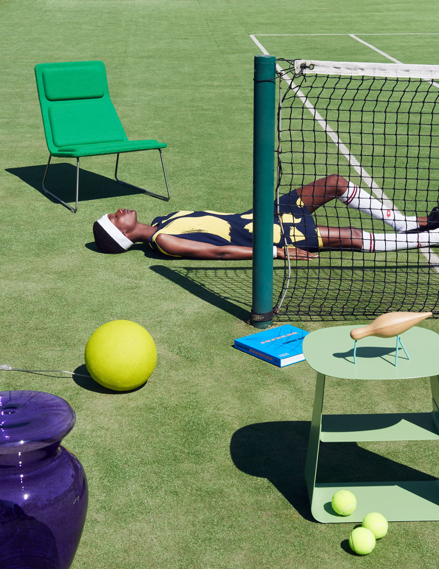 Still life shots of Interiors with Fashion and Design on Tennis Court for YOOX